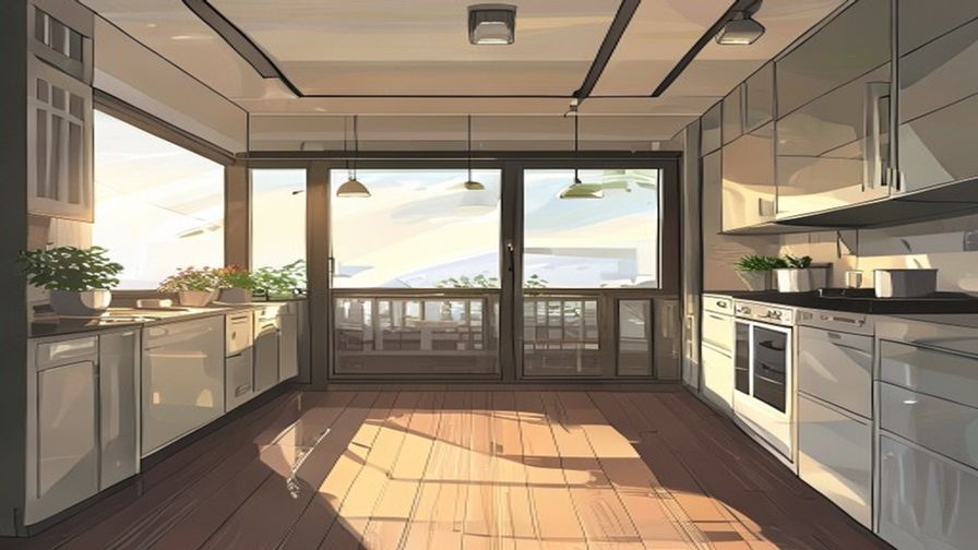 Кухня, плавно переходящая в светлый балкон с большими стеклянными дверями